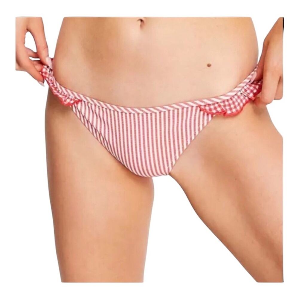Aerie NWT Coral White Seersucker Ruffle Bikini Bottom Boho Swim Small
